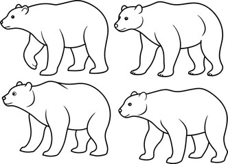 A package of Polar bear outline or sketch or line art hand drawn illustration, walking on all fours, with a strong and sturdy build, drawn with minimal lines on a white background.