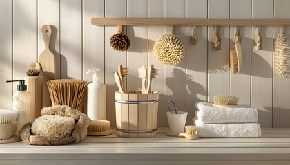Obraz premium various sauna accessories in a wooden sauna