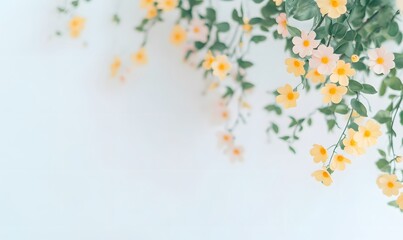 The yellow and pink small flowers hang from the white wall,  Generative AI