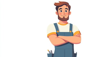 Smiling Male Cartoon Mechanic in Overalls with Tools on White Background