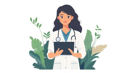 Female Doctor with Clipboard, Stethoscope in Green Leaf Background Illustration