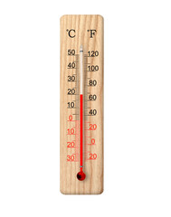 Wooden celsius and fahrenheit scale thermometer isolated on transparent background. Ambient temperature plus 20 degrees