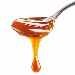 Close up of drip of caramel in a spoon on an isolated white background