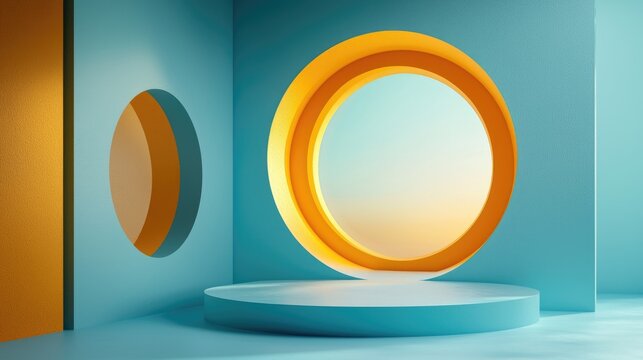Abstract Modern Circular Interior with Blue and Yellow Geometric Design