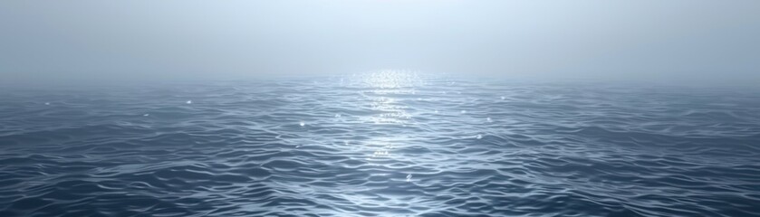 Naklejka premium Calm ocean with misty horizon, blue water waves reflecting sunlight under cloudy sky, tranquil and serene seascape.
