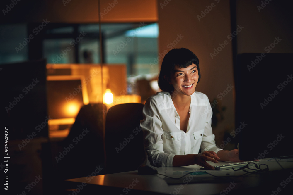 Poster business, woman and happy at night in office for report deadline, assignment and press release timel