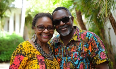 Joyful Retirement: Abstract Portrayal of Healthy African American Senior Couple Embracing. Celebrating Love, Relationships, and Golden Years. Perfect for Lifestyle Ads, Healthcare Marketing, and Posit
