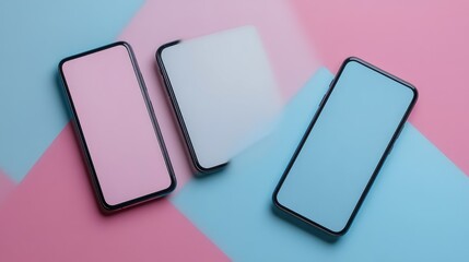 Modern Smartphones on Pastel Colored Geometric Background