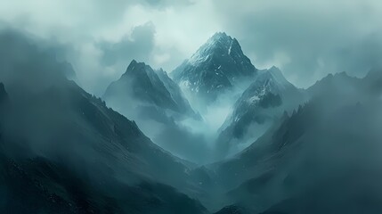 Majestic Mountain Peak in Fog.