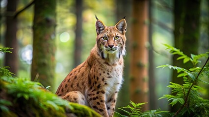 Fototapeta premium Eurasian lynx in a dense forest, wildlife, majestic, predator, nature, animal, Eurasian lynx, wilderness