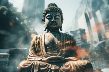 都市風景と仏像,Generative AI AI画像