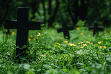 Old, weathered crosses stand in a quiet, overgrown cemetery, surrounded by green foliage and yellow wildflowers.