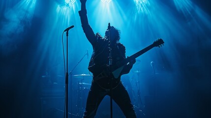 A musician passionately strums the guitar, illuminated by vibrant stage lights, creating an electric atmosphere that captivates the audience