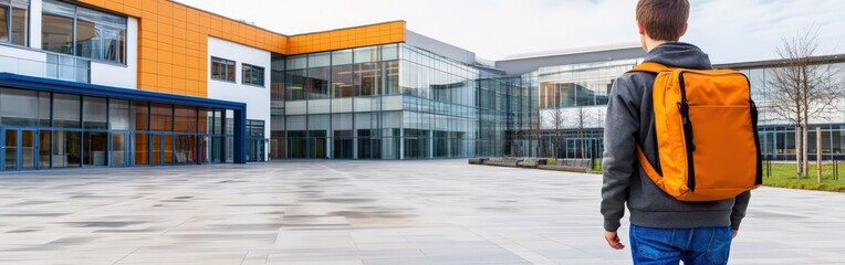 High school boy gazes up at the sky in front of modern school building