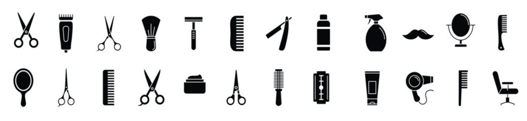 Barber Tools for Haircut black and white vector icon set