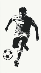 A man in a soccer uniform kicks a soccer ball