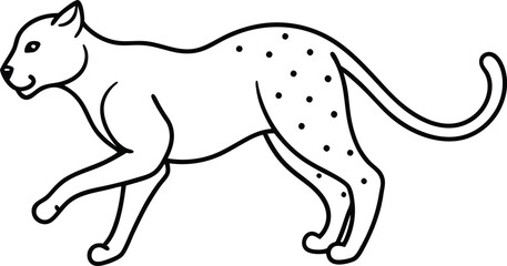 Cheetah outline illustration, in mid-sprint, showcasing its slender and fast body, drawn with fluid lines on a white background.