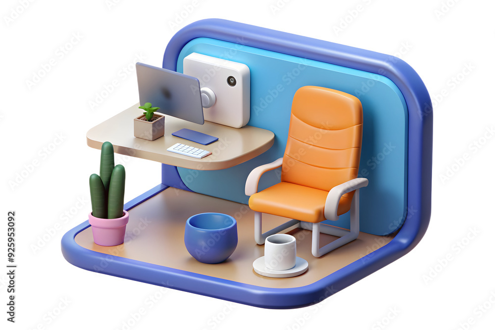 Poster 3d desktop and chair remote work setup with copy space. modern layout, emphasizing comfort. camera p