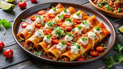 Delicious Mexican enchiladas with cheese, sauce, and vegetables , Mexican, enchiladas, tortillas, cheese, sauce