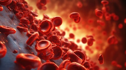 High-resolution 3D rendering of red blood cells within an artery, showing their interaction with the vessel walls and each othe,generative ai