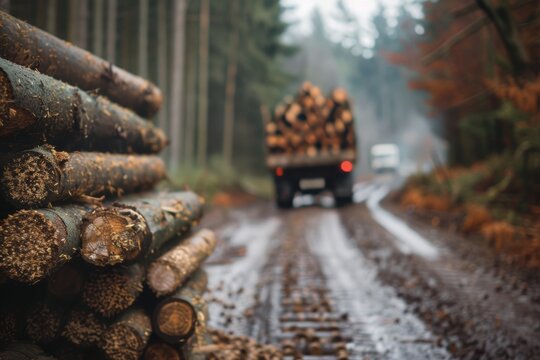 Timber transport  truck hauling logs from forest, wooden pellets stacked in foreground