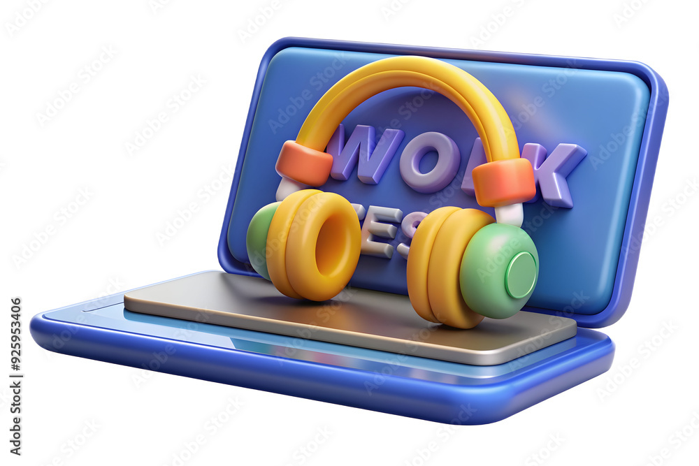 Poster 3d laptop and headphones with 'work in progress' text in border frame - zoom into scene with modern 