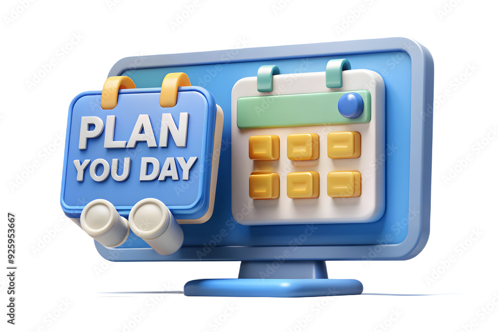 Poster 3d icon monitor and calendar with 'plan your day' text in border frame. camera movement focuses on t
