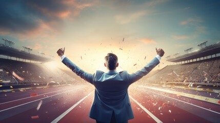  a businessman crossing the finish line on a track, celebrating victory and success in a business competition context,generative ai