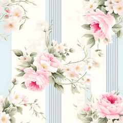 Obraz premium Elegant floral pattern featuring pink roses and white blossoms against soft blue and white stripes, ideal for wallpapers or fabric designs
