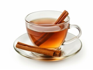 Fragrant hot tea with cinnamon stick and anise on a white background. A cup of hot tea with cinnamon Spicy tea with spices. Immunity tea. Health concept photography