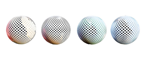 White halftone pattern sphere collection. Hexagon wireframe 3d circle set. Grid globe element bundle. Round dotted shape pack for tech poster, banner, cover, emblem, leaflet. Vector illustration