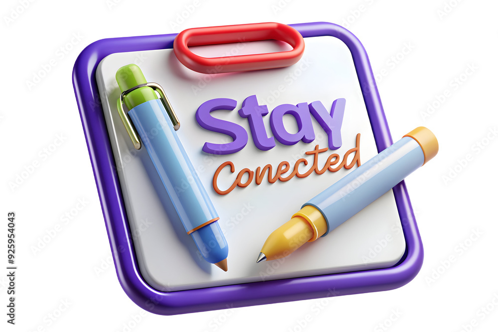 Poster modern 3d icon phone and pen with 'stay connected' text in border frame. focus on importance of conn