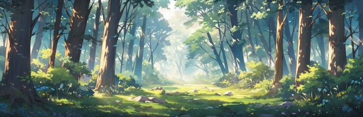 Obraz premium Enchanted Anime Forest: A Colorful Wide-Format Background of a Whimsical Anime-Style Cartoon Forest Perfect for Gaming Art and Storybook Illustrations in 4K