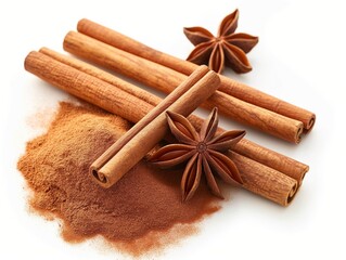 Cinnamon sticks and ground cinnamon isolated on a white background. Cinnamon spice.