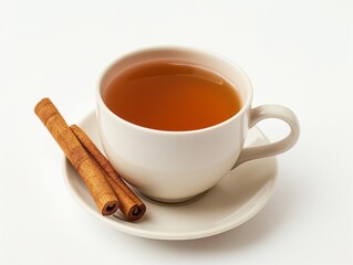 Fragrant hot tea with cinnamon stick and anise on a white background. A cup of hot tea with cinnamon Spicy tea with spices. Immunity tea. Health concept photography