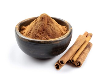 Cinnamon sticks on a textured wooden background. Cinnamon roll. Spicy spice for baking, desserts and drinks. Fragrant ground cinnamon. cinnamon powder Close-up. white background