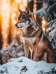 Fototapeta premium A wolf is sitting on a snowy hillside, looking at the camera