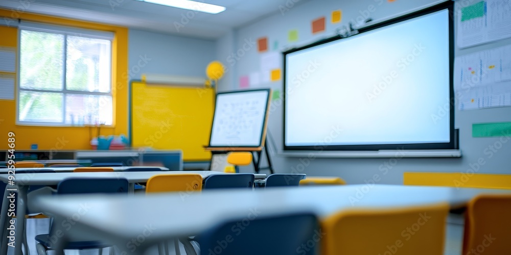 Aufkleber Close-up of a modern classroom with interactive whiteboards and student desks, showcasing a dynamic and engaging learning environment