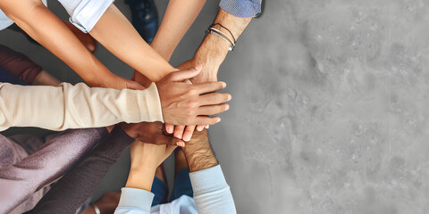 Top view of a diverse group of hands stacked together, symbolizing unity, teamwork, and collaboration against a gray background, banner with copy space