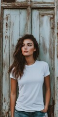 Fototapeta premium Young woman in a white t-shirt poses against a weathered wooden door