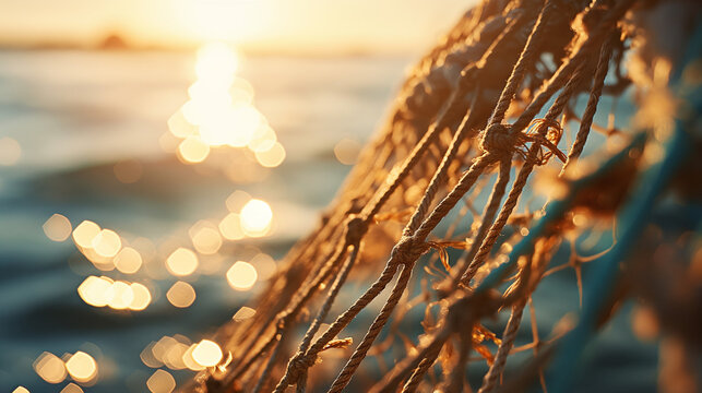 Close-Up of Fishing Net in Golden Sunset Light with Bokeh Background