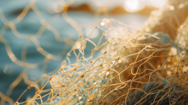 Close-Up of Fishing Net in Golden Sunlight with Soft Focus Background