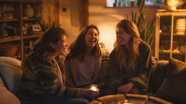 Three Young Women Laughing and Relaxing in a Cozy Living Room