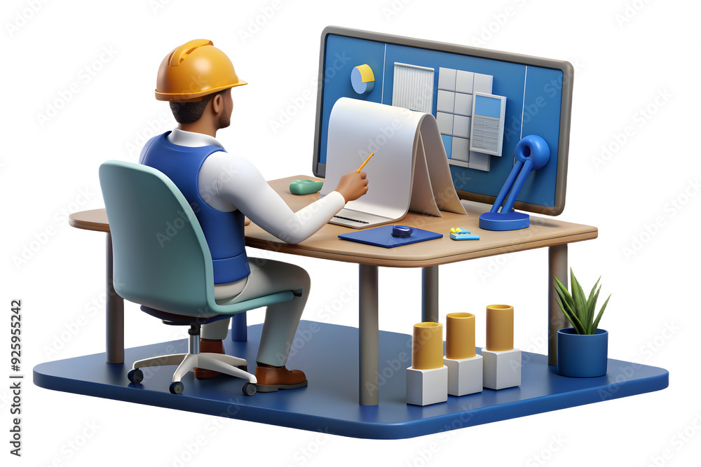 Poster architect conducting remote blueprint review in sleek virtual workspace for architectural planning. 