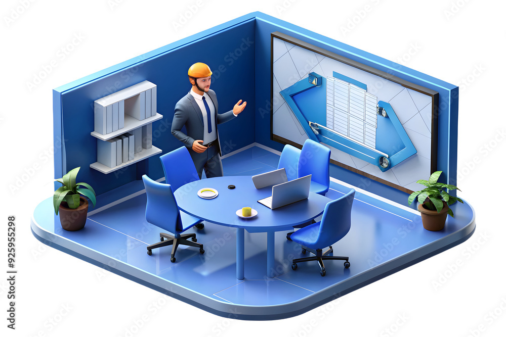 Poster architect in virtual meeting reviewing detailed blueprints for remote architectural design. scene fe