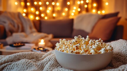 A cozy home movie night setup with a large bowl of popcorn on a couch, surrounded by cozy blankets, remote controls, and dimmed lights