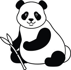 Panda outline illustration, sitting and holding bamboo, with smooth and simple lines on a white background.