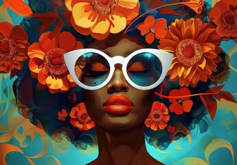 A digital art piece of an Asian woman wearing vibrant sunglasses, surrounded by colorful abstract elements and patterns.