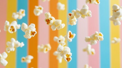 A fun, playful shot of popcorn flying through the air, captured mid-motion, with a colorful striped background adding to the festive atmosphere