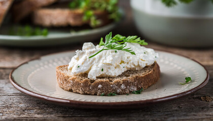 Creamy homemade cheese on slice of crusty bread with fresh herbs on plate, wooden table